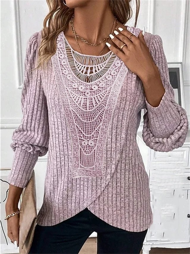 Casual Regular Lace Crew Neck Long Sleeve Dressy Top - Image 1