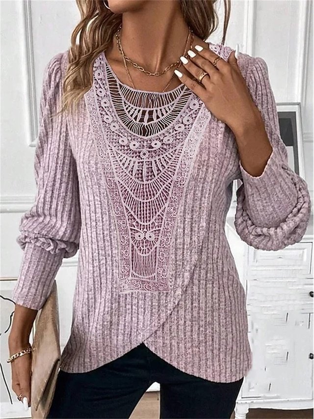 Casual Regular Lace Crew Neck Long Sleeve Dressy Top - Image 2