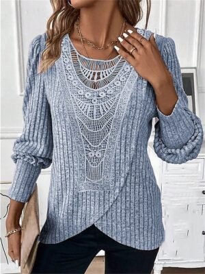 Casual Regular Lace Crew Neck Long Sleeve Dressy Top - Image 3