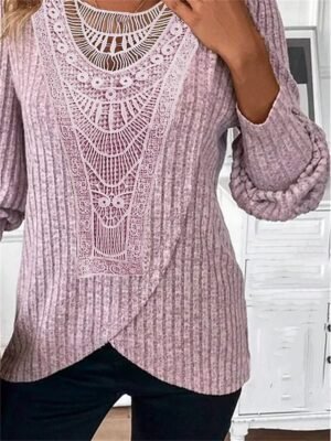 Casual Regular Lace Crew Neck Long Sleeve Dressy Top - Image 5
