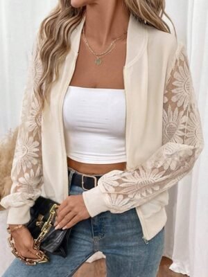 Casual Regular Lace Stand Collar Long Sleeve Bomber Jacket - Image 1