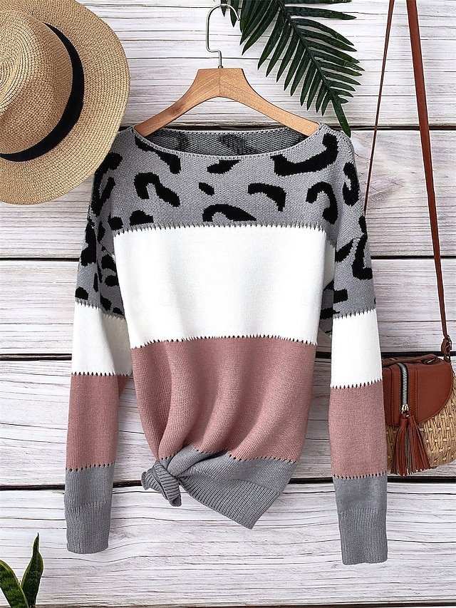 Casual Regular Leopard Striped V Neck Long Sleeve Knit Jumper - Image 1