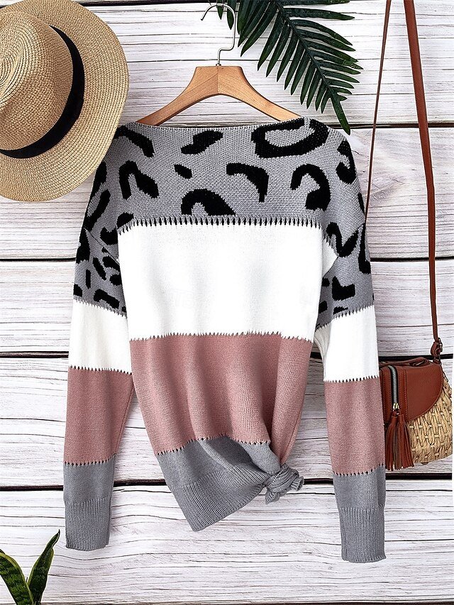 Casual Regular Leopard Striped V Neck Long Sleeve Knit Jumper - Image 2