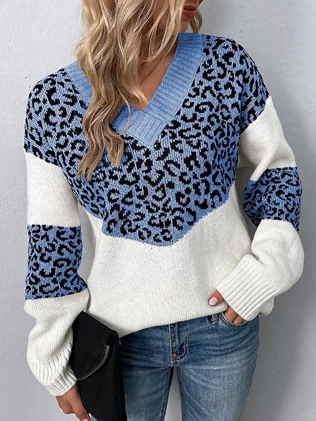 Casual Regular Leopard V Neck Knitted Long Sleeve Sweater - Image 1