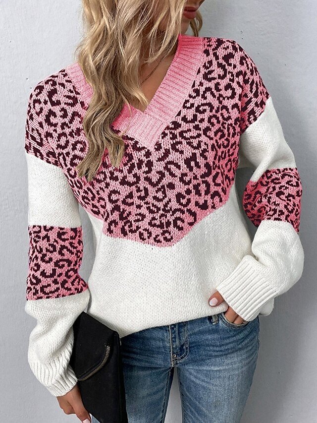 Casual Regular Leopard V Neck Knitted Long Sleeve Sweater - Image 2