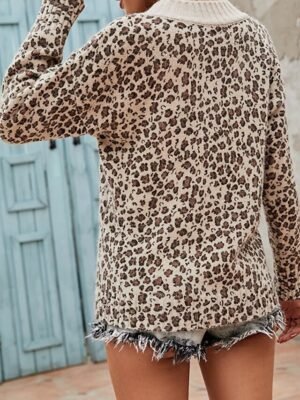 Casual Regular Leopard V Neck Long Sleeve Knit Sweater - Image 2