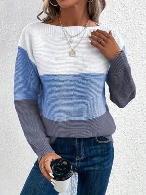 Casual Regular Patchwork Crew Neck Long Sleeve Soft Knit Top - Image 3