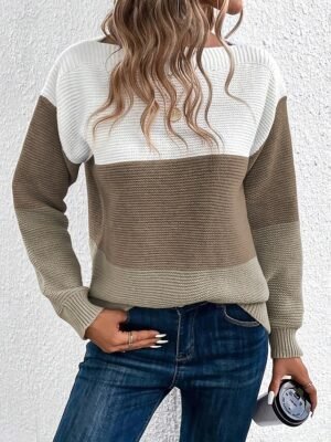 Casual Regular Patchwork Crew Neck Long Sleeve Soft Knit Top - Image 6