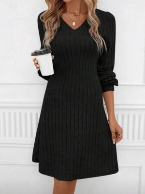 Casual Regular Patchwork V Neck Long Sleeve Mini Sweater Dress - Image 12
