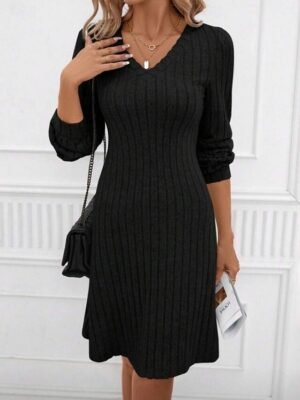 Casual Regular Patchwork V Neck Long Sleeve Mini Sweater Dress - Image 13