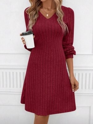 Casual Regular Patchwork V Neck Long Sleeve Mini Sweater Dress - Image 3