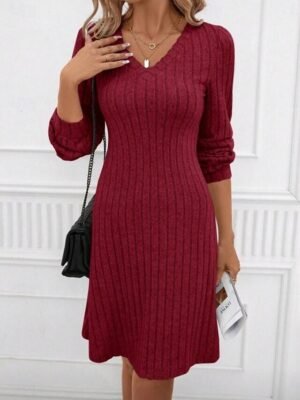 Casual Regular Patchwork V Neck Long Sleeve Mini Sweater Dress - Image 4