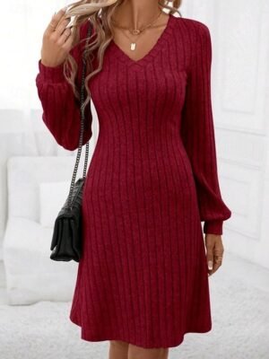 Casual Regular Patchwork V Neck Long Sleeve Mini Sweater Dress - Image 5