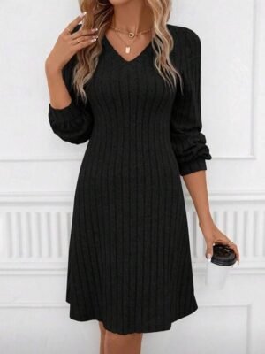 Casual Regular Patchwork V Neck Long Sleeve Mini Sweater Dress - Image 8