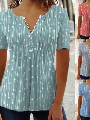 Casual Regular Patchwork V Neck Short Sleeve Tunic Top - Image 1