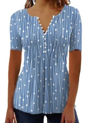 Casual Regular Patchwork V Neck Short Sleeve Tunic Top - Image 3