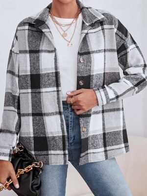 Casual Regular Plaid Turndown Long Sleeve Jacket - Image 16