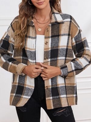 Casual Regular Plaid Turndown Long Sleeve Jacket - Image 9