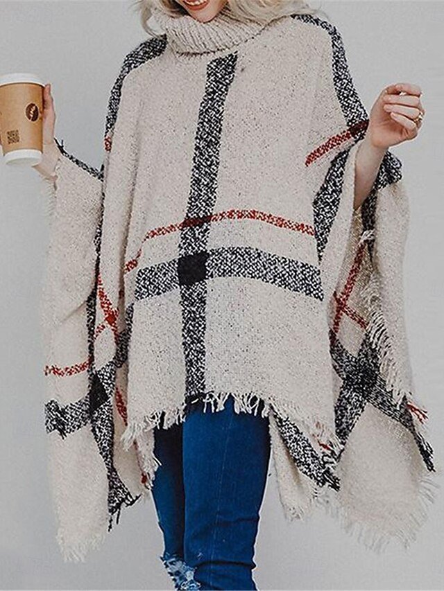 Casual Regular Plaid Turtleneck Long Sleeve Knit Shrug - Image 2