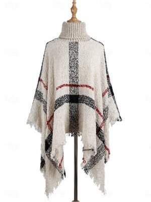 Casual Regular Plaid Turtleneck Long Sleeve Knit Shrug - Image 9