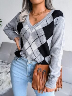 Casual Regular Plaid V Neck Long Sleeve Sweater - Image 9