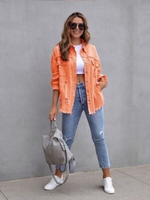 Casual Regular Plain Shirt Collar Long Sleeve Shacket - Image 17