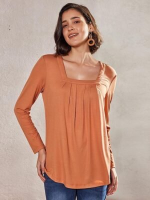 Casual Regular Plain Square Neck Long Sleeve Tops - Image 8