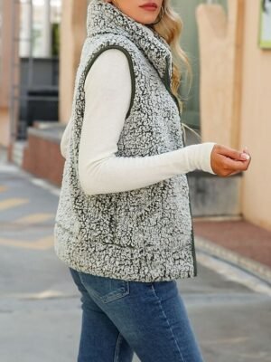 Casual Regular Plain Stand Collar Sleeveless Fleece Vest - Image 6