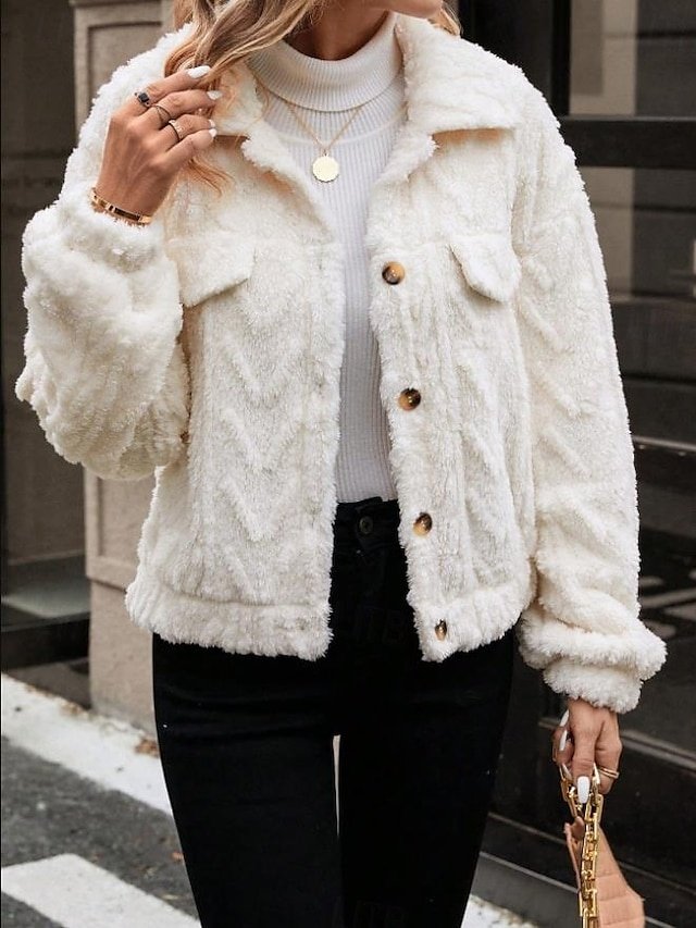 Casual Regular Plain Turndown Long Sleeve Teddy Coat - Image 1