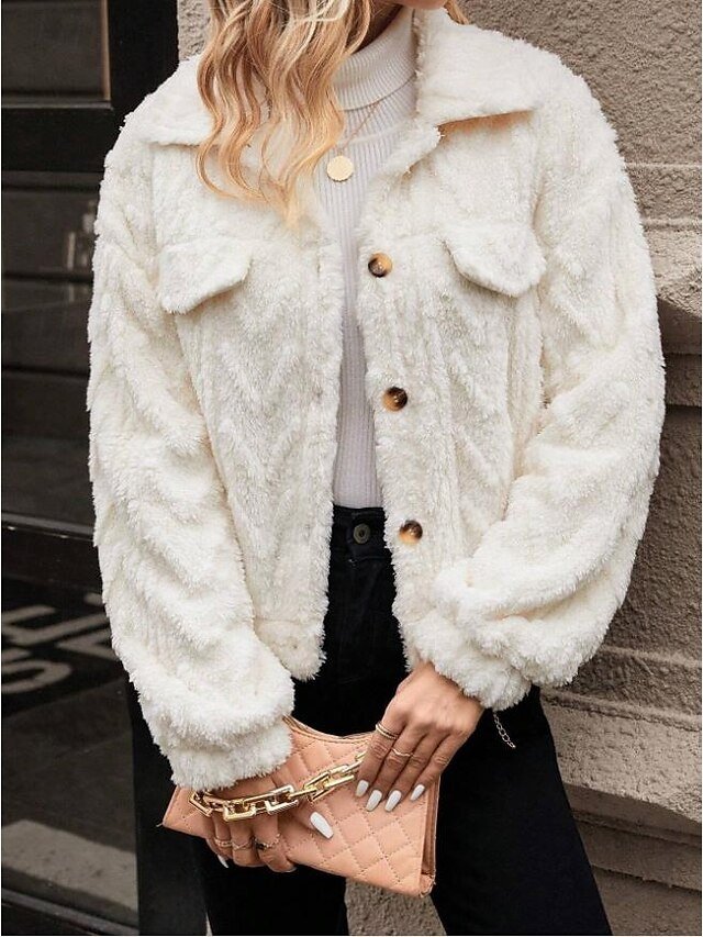 Casual Regular Plain Turndown Long Sleeve Teddy Coat - Image 2