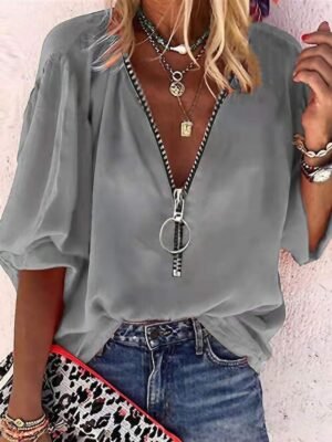 Casual Regular Plain V Neck 3/4 Sleeve Shirt Blouse - Image 1