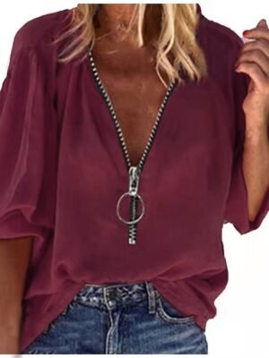 Casual Regular Plain V Neck 3/4 Sleeve Shirt Blouse - Image 2