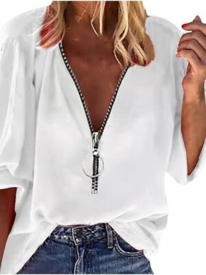 Casual Regular Plain V Neck 3/4 Sleeve Shirt Blouse - Image 4