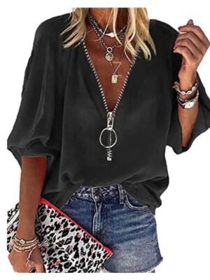 Casual Regular Plain V Neck 3/4 Sleeve Shirt Blouse - Image 5