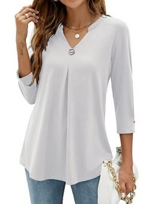 Casual Regular Plain V Neck 3/4 Sleeve Tunic Blouse - Image 1