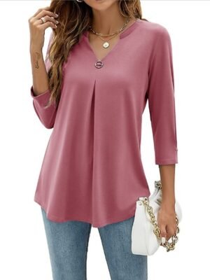 Casual Regular Plain V Neck 3/4 Sleeve Tunic Blouse - Image 5