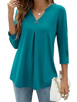 Casual Regular Plain V Neck 3/4 Sleeve Tunic Blouse - Image 8