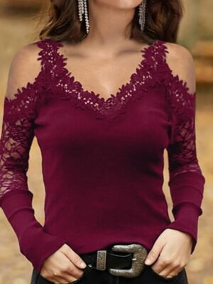 Casual Regular Plain V Neck Long Sleeve Lace Cut Out Top - Image 2