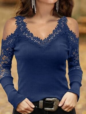 Casual Regular Plain V Neck Long Sleeve Lace Cut Out Top - Image 3
