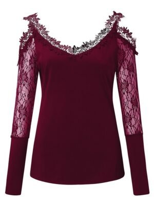 Casual Regular Plain V Neck Long Sleeve Lace Cut Out Top - Image 6