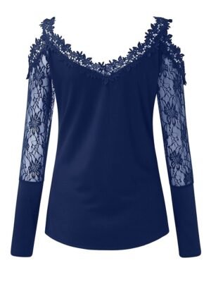 Casual Regular Plain V Neck Long Sleeve Lace Cut Out Top - Image 9