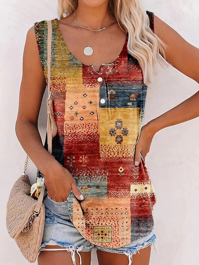 Casual Regular Print U Neck Sleeveless Tank Top - Image 1