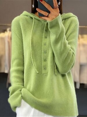 Casual Regular Pure Colour Hooded Button Knitted Long Sleeve Top - Image 1