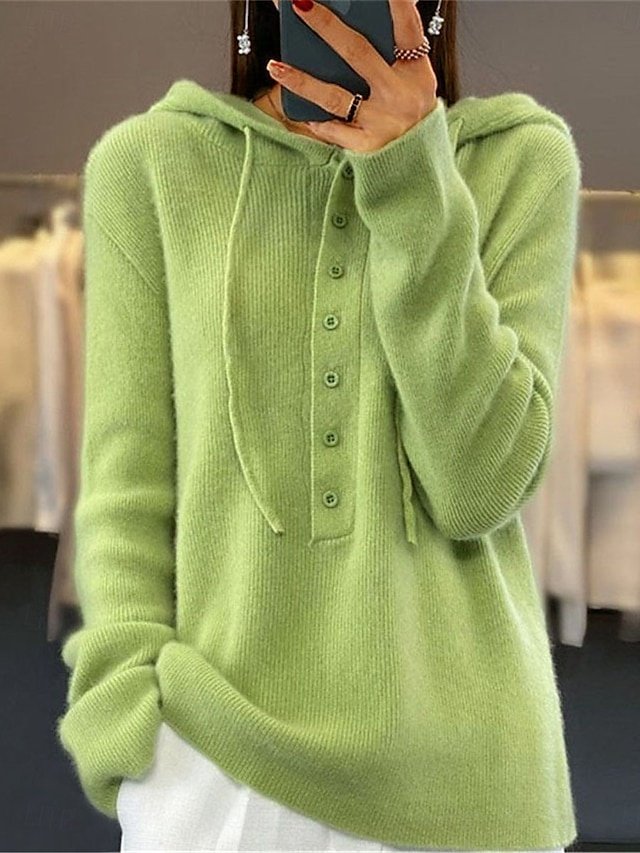 Casual Regular Pure Colour Hooded Button Knitted Long Sleeve Top - Image 1