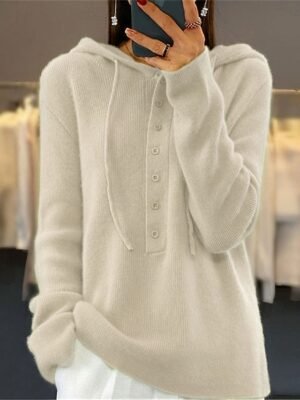 Casual Regular Pure Colour Hooded Button Knitted Long Sleeve Top - Image 2