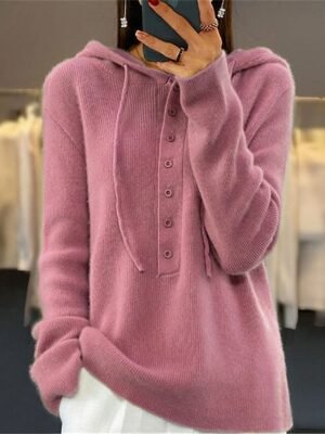 Casual Regular Pure Colour Hooded Button Knitted Long Sleeve Top - Image 3