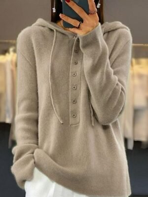 Casual Regular Pure Colour Hooded Button Knitted Long Sleeve Top - Image 4