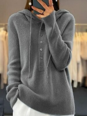 Casual Regular Pure Colour Hooded Button Knitted Long Sleeve Top - Image 5