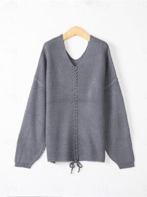 Casual Regular Pure Colour V Neck Long Sleeve Knit Jumper - Image 3