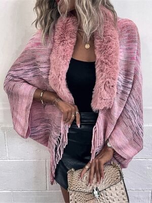 Casual Regular Rainbow Open Front Tassel Long Sleeve Knit Shrug - Image 3